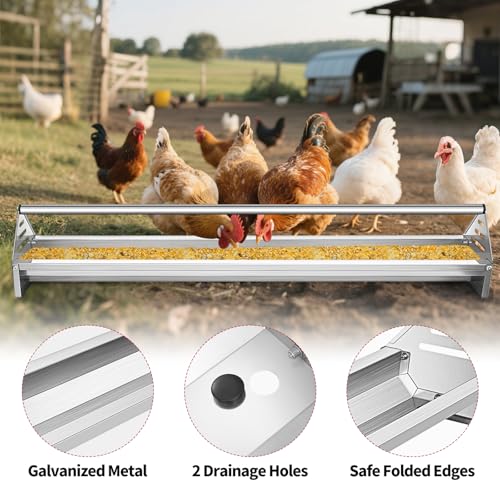 RYFT Chicken Feeding Trough 45", Heavy Duty Galvanized Steel Chicken Feeder with Crossbar, Holds 12 Chickens with Drainage Holes, Large Capacity Poultry Feeder Trough for Duck Geese Turkey Pigeon