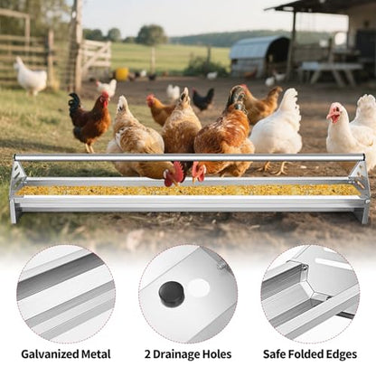 RYFT Chicken Feeding Trough 45", Heavy Duty Galvanized Steel Chicken Feeder with Crossbar, Holds 12 Chickens with Drainage Holes, Large Capacity Poultry Feeder Trough for Duck Geese Turkey Pigeon