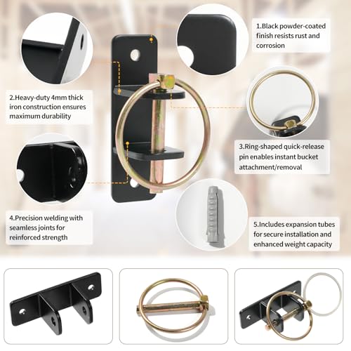 4 PCS Heavy Duty Water Bucket Hooks with Quick Release Pin, 5/32 Inch Thick Wall Mounted Horse Feed Bracket for Stall, Seamless Welded Hardware for Livestock, Barn & Pets