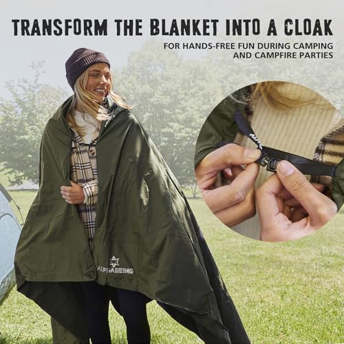 AlphaBeing Waterproof Outdoor Blanket with Merino Wool, Extra Thick Warm, Windproof, Packable Stadium Blankets for Cold Weather, Camping Gift, Pet, Car, Picnic, Concerts, 79" x 59", Olive - color: Olive