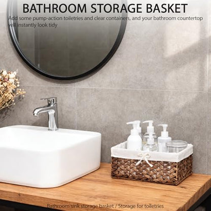 Water Hyacinth Storage Basket Small with Metal Frame & Removable Liner, 11.8”×7.9”×5.5” Rectangular Woven Organizer Bin for Bathroom Vanity, Desk, Nursery, Closet, Home Organization - size: Small