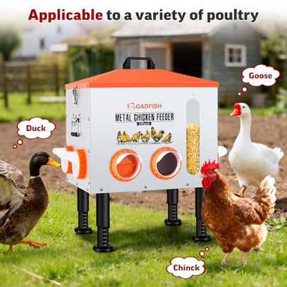 GADFISH 55LBS Large Capacity Automatic Chicken Feeder - Upgraded Window Design Allows Viewing of Feed Conditions, 8 Feeding Ports, Anti-Waste Design, Height-Adjustable Legs & Secure