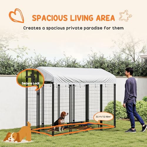 PawHut Outdoor Dog Kennel with Roof, 8' x 4' x 6' Heavy Duty Welded Wire Dog Playpen Enclosure with Escape-Proof Lock, UV-Resistant & Waterproof Cover, for Medium Dogs, Chickens, Ducks, Silver - size: 96.0"L x 48.0"W x 72.0"H, style: Single Room