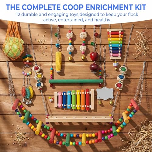 Little World Chicken Toys Complete Set of 12 – All-in-One Chicken Coop Accessories with Xylophone, Swing, Chicken Mirror, Ladder, Vegetable String Bag & Hanging Feeder Coop Toy for Happy Hens - size: 12PCS