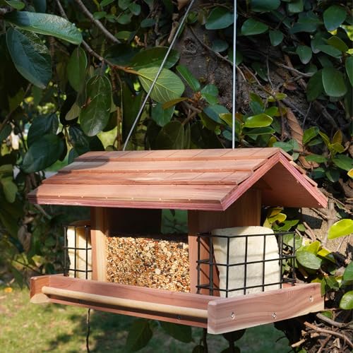 Wooden Bird Feeder for Outdoors Hanging Mount Large Capacity, Red Cedar Garden Roof Feeder with 2 Suet Cages, Cardinal Bluebird Birdfeeder for Garden Decoration Yard, Weatherproof Durable - color: Red Cedar