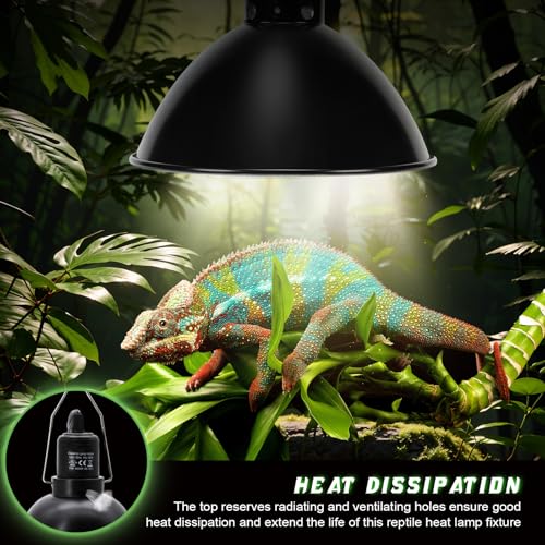 MECESOR Reptile Light Fixture with Thermostatic Timer, 8.5 Inch Deep Dome Lamp Cap Reptile Heat Lamp Fixture with Separate Switches, Terrariums Light Fixture for Ceramic Heating Lamp Bulb