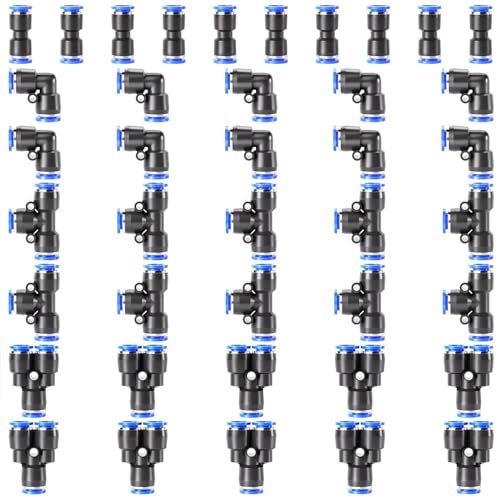 TAILONZ PNEUMATIC 5/16 inch or 8mm od Push to Connect Fittings Pneumatic Fittings Kit 10 Spliters+10 Elbows+10 tee+10 Straight (40 pcs) - color: Blue, size: 8MM OD/40PCS