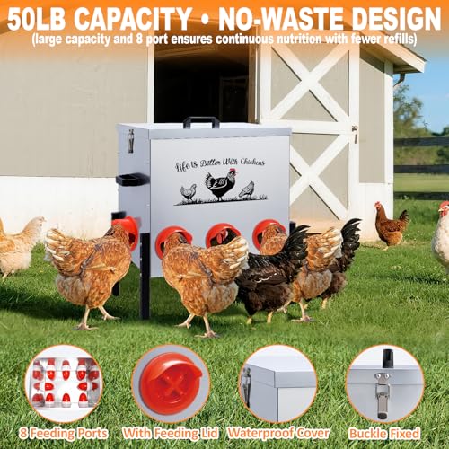 50LB Automatic Chicken Feeder–8 Feeding Ports No-Waste Galvanized Metal Chicken Feeder Box with Adjustable Legs & Locking Lid Poultry Feeder for Chickens,Ducks,Geese,Rust-Resistant - size: 50LB