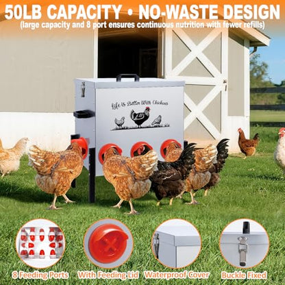 50LB Automatic Chicken Feeder–8 Feeding Ports No-Waste Galvanized Metal Chicken Feeder Box with Adjustable Legs & Locking Lid Poultry Feeder for Chickens,Ducks,Geese,Rust-Resistant - size: 50LB