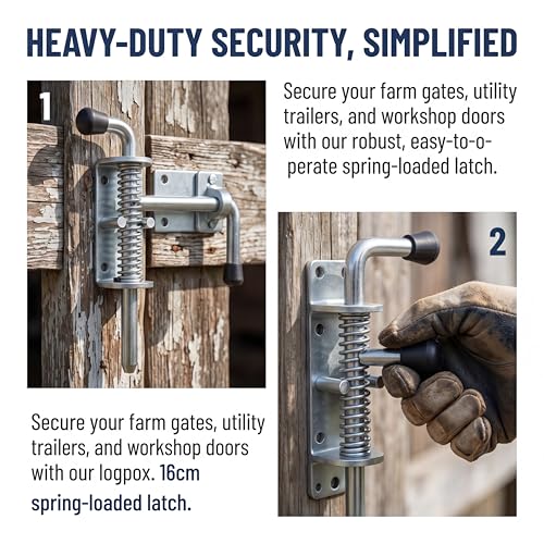 6.5 Inch Spring Loaded Latch Pin, Heavy Duty Metal Barrel Bolt Door Lock with Powder Coated Finish, 12mm Thick Gate Latch for Sheds, Utility Trailers and Corral Gates