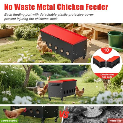 120lbs Automatic Chicken Feeder, Galvanized Steel with Wheels, 10 Feeding Ports & Weatherproof Lid, No Waste, Large Capacity Chicken Feeding Box for Hens, Ducks, Geese - color: 120lbs-Red
