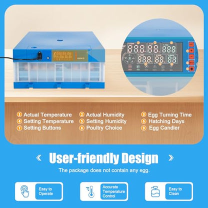 2-in-1 Egg Incubator, 80W Egg Incubator with Automatic Egg Turning and Humidity Control with Digital Display Screen 360° Automatic Turning for Farmers and Homes Egg Tray Spacing 1.9 Cm/0.8 Inch