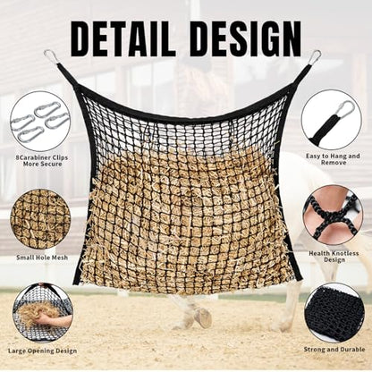 4 PCS Slow Feed Hay Net for Horses, Large Capacity Hay Bags for Horses Goats Sheep Donkey Trailer Full Day Feeding, Easy to Fill and Hang, Black, 35 x 31 Inch - size: 4PCS