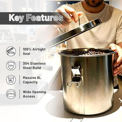 304 Stainless Steel Airtight Food Storage Container, 6L/1.59Gal Large Canister with Lock Clips & Lid, Heavy Duty Metal Bucket for Rice, Flour, Grain, Coffee Beans, Kitchen Pantry Jar - size: 6L