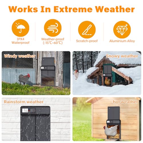 Automatic Chicken Coop Door, Electric Chicken Coop Door Battery Powered with Timer LCD Screen, Anti-Pinch Running Automatic Chicken Coop Door, Aluminum IPX4 Waterproof Auto Chicken Coop Door