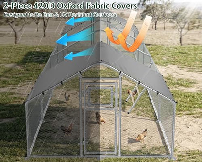 32×10 FT Extra Large Walk-in Chicken Coop, Spire Roof Chicken Run with Cover, Front & Rear Doors, Feeding Door, Roosting Ladder, Galvanized Steel Frame - size: 372.4"L x 118.1"W x 77.6"H