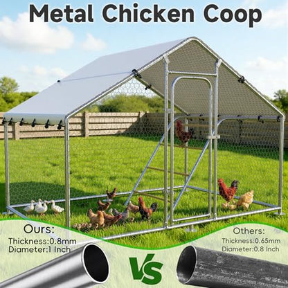 Large Metal Chicken Coop with Roosting Perch, Waterproof and UV-Resistant Cover,Outdoor Walk-in Cage Hen House for Yard Farm Rabbit Duck Chicken Run with Spire Roof(9.9'W x 5'L x 6.4'H) - size: 59.9"L x 118.0"W x 78.0"H
