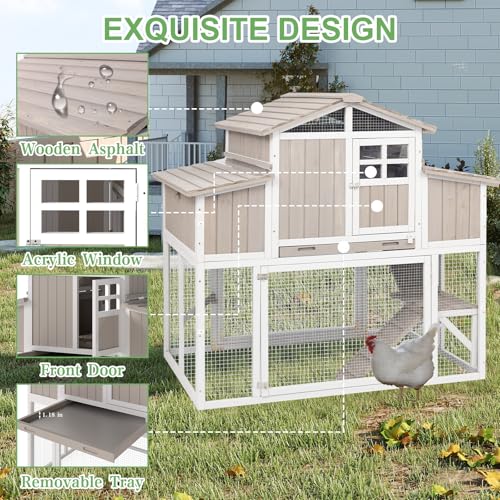 Gowoodhut 56.03" L 2-Story Chicken Coop with Run,Fir Wood Chicken House Hen House with 2 Large Nesting Boxes,Expandable Poultry Cage for 2-4 Chicken with 4 Perching Bars,Pull-Out Tray,Ramps - size: 56.3"L x 35.2"W x 52.8"H