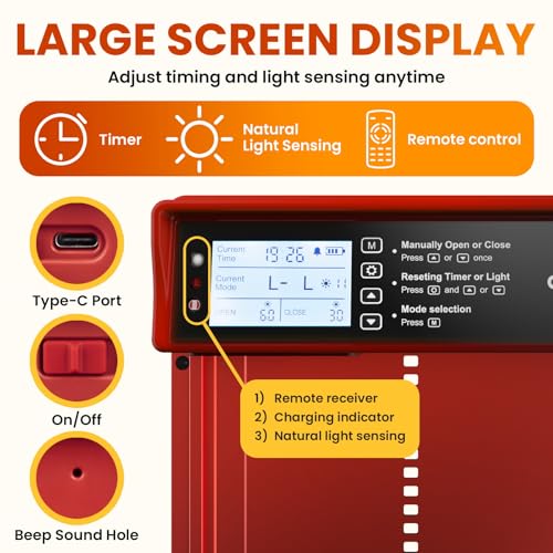 Okkobi Automatic Chicken Coop Door Solar Powered - LCD Display - Chicken Coop Door with Remote Control, Light Sensor & Timer - Security & Peace of Mind: Anti-Pinch Function - 5-Year Protection - Red - color: Red