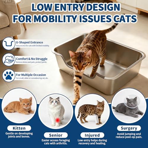 FHTONGE Low Entry Stainless Steel Cat Litter Box, Splash-Proof High Wall Metal Kitty Litter Box Kitten Toilet for Senior Arthritis Surgery Injured Disabled Munchkin Smaller Pregnant Cat, 19.7x13.8 - size: 19.7x13.8"(50x35cm) for Common Cat