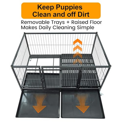 Homey Pet 43'' Whelping Box for Dogs and Puppies, Taller Heavy Duty Dog Whelping Box Puppy Playpen with 4 Wheels, Front Door, Top Open, Stackable Metal Dog Crate Cage Kennel Indoor