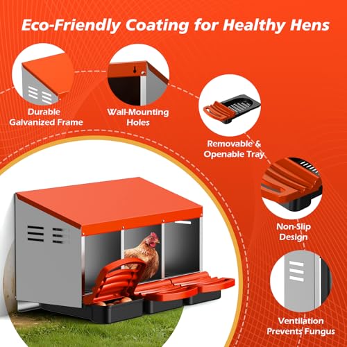 Chicken Nesting Boxes, Roll Away Laying Nest Box for Hens, Galvanized Steel with Removable Egg Drawer, Protects Eggs, Easy Egg Collection, for Chicken Coop, 3 Compartments - color: Orange-Red