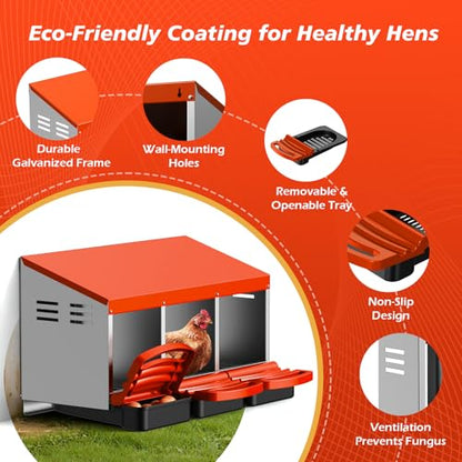 Chicken Nesting Boxes, Roll Away Laying Nest Box for Hens, Galvanized Steel with Removable Egg Drawer, Protects Eggs, Easy Egg Collection, for Chicken Coop, 3 Compartments - color: Orange-Red
