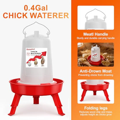 2-in-1 Chick Starter Set: 0.8 Gal Top Filling Feeder and 0.4 Gal Waterer with Adjustable Legs for Baby Chicks, Includes Scoop, Hanging Hooks, Anti-Drown Design (Red) - size: 0.8 Gal Feeder & 0.4 Gal Waterer