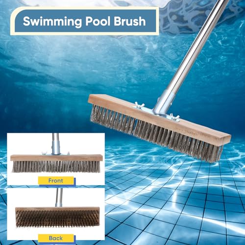 FillTouch Set of 2 Deck Brush with Handle 5.25 ft Long 2 Pcs Stainless Steel Deck Wire Brush Concrete Brush Stiff Bristle Broom for Cleaning Scrubbing Removing Rough Surface Stain on Pool Garage Patio