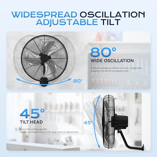 Tehanld Industrial Wall Fan 20 Inch - 3400 CFM High Velocity Airflow, Heavy Duty Metal Wall Mounted Fan with 80° Oscillation & Adjustable Tilt, 3-Speed Commercial Fan for Workshop & Patio - size: 20 INCH