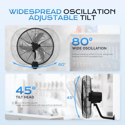 Tehanld 2PC Industrial Wall Fan 20 Inch - 3400 CFM High Velocity Airflow, Heavy Duty Metal Wall Mounted Fan with 80° Oscillation & Adjustable Tilt, 3-Speed Commercial Fan for Workshop & Patio - size: 20 INCH - 2PC