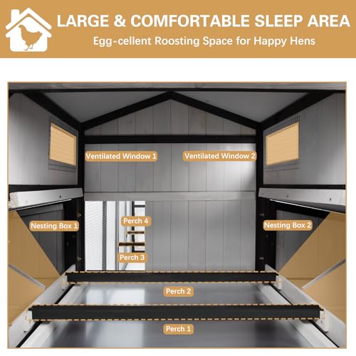PetsCosset 116" L Large Chicken Coop and Run, Hen House with 4 Nesting Box Boxes, Rabbit Hutch Poultry Bunny Cage for 4-6 Chickens with 4 Perches, Removable Tray and Ramp and UV-Resistant Roof Panel - color: Black White