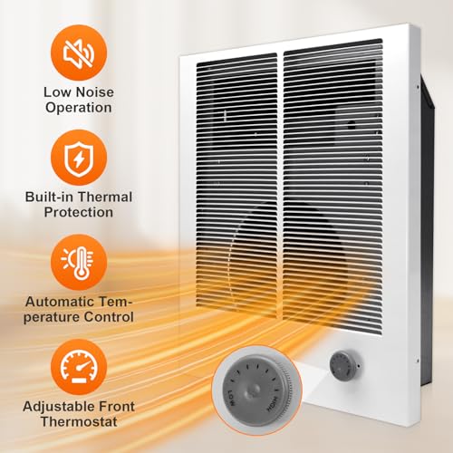 198 High Capacity Wall Heater supports recessed or surface mounting, 240 VAC, 4000W/2000W, Adjustable Front Thermostat For Living Rooms, Offices and Small Shops
