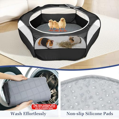 2-in-1 Small Animals Playpen with Pad, Waterproof Small Pet Cage Tent with Reusable Pad, Portable Outdoor Yard Fence with 3 Metal Rod for Chick/Kitten/Puppy/Guinea Pig/Rabbits/Chinchillas, Black+Gray - color: U-Black + Gray
