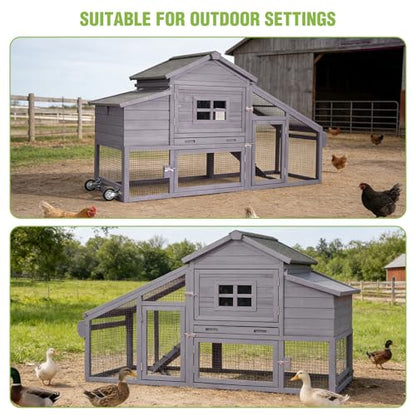 GUTINNEEN Large Chicken Coop on Wheels, Expandable Outdoor Mobile Chicken House, Hen House Poultry Cage with Nesting Box, Leakproof Pull-Out Tray & UV-Resistant Roof – Grey - color: (Grey)