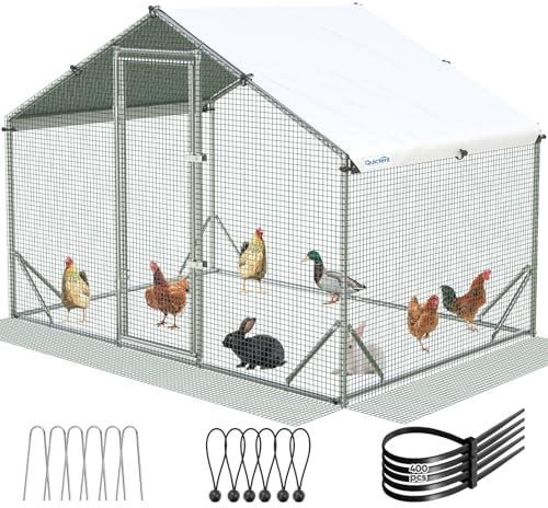 Quictent Large Metal Chicken Coop Run for 10+ Poultry with Side Hardware Cloth & Waterproof Cover, Advanced Series Outdoor Walk-in Cage Hen Duck Rabbit Dog Pen Yard Farm House, 6.6x9x6.6FT - color: White, size: 78.0"L x 107.3"W x 78.0"H