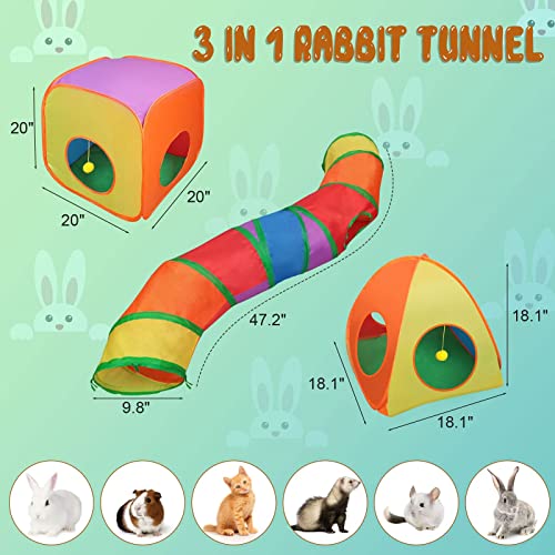 YUEPET Rabbit Tunnel and Cube Collapsible Tent Bunny Interactive Crinkle Tunnel Toys Small Animal Hideout with Play Ball for Dwarf Rabbit Bunny Guinea Pig (Rainbow) - color: Rainbow