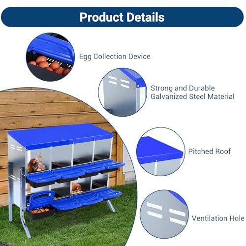 Chicken Nesting Boxes,8 Hole Metal Roll Away Eggs Laying Boxes with Ventilation Holes，Rustproof Plastic Tray & Keyhole Mounting, Cleanable Pull Out Nest Box for Hen & Duck, Blue - color: Blue, size: 8 holes with legs