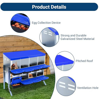 Chicken Nesting Boxes,8 Hole Metal Roll Away Eggs Laying Boxes with Ventilation Holes，Rustproof Plastic Tray & Keyhole Mounting, Cleanable Pull Out Nest Box for Hen & Duck, Blue - color: Blue, size: 8 holes with legs