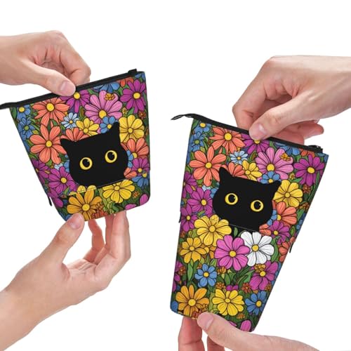 Black Cat Flower Girls Boys Standing Pencil Case Kids Kids Telescopic Stationary Pouch with Zipper Large Capacity Stand up Pen Bag Portable Makeup Holder for Children School Students Office Supplies - color: Black Cat