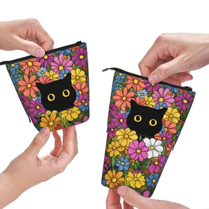 Black Cat Flower Girls Boys Standing Pencil Case Kids Kids Telescopic Stationary Pouch with Zipper Large Capacity Stand up Pen Bag Portable Makeup Holder for Children School Students Office Supplies - color: Black Cat
