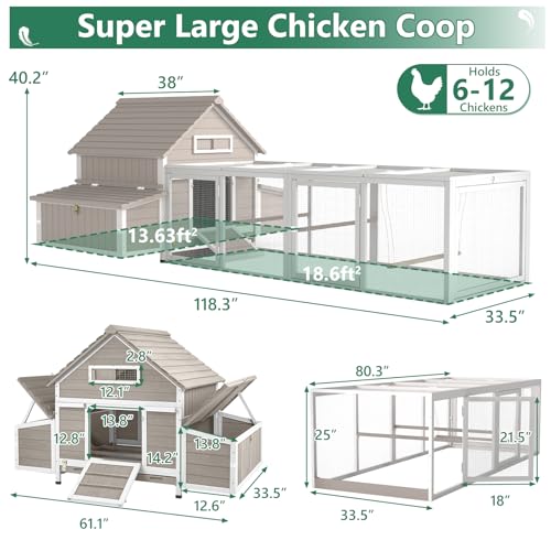 Large Chicken Coop for 6-8 Chickens with 6 Nesting Boxes, Wooden Outdoor Hen House with 9 Access Doors, Backyard Chicken Coop with Run, 5 Perches & Swing, Pull-Out Tray, Weatherproof Openable Roof - size: 118.3"L x 61.0"W x 40.0"H