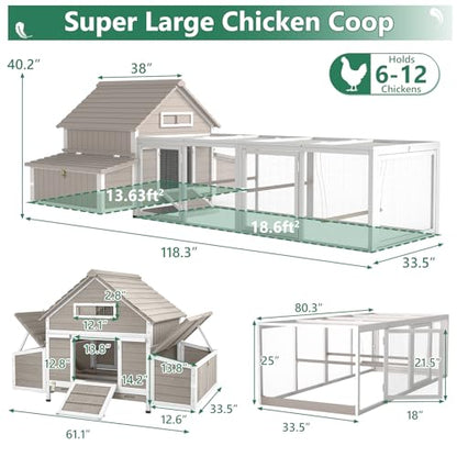 Large Chicken Coop for 6-8 Chickens with 6 Nesting Boxes, Wooden Outdoor Hen House with 9 Access Doors, Backyard Chicken Coop with Run, 5 Perches & Swing, Pull-Out Tray, Weatherproof Openable Roof - size: 118.3"L x 61.0"W x 40.0"H