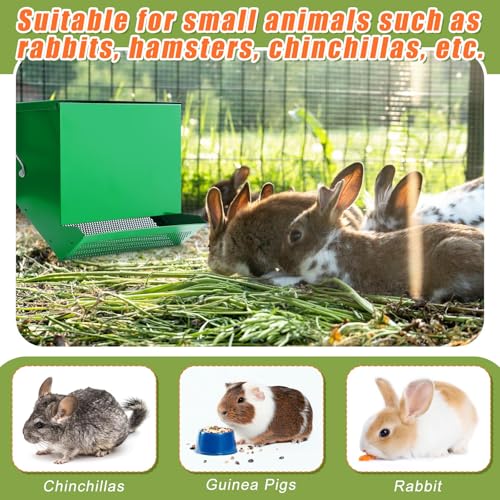 Maxcheck No-Waste Metal Rabbit Feeder for Cages, Large Hanging Food Dispenser with Mesh Bottom & Lid, Holds 5lb Feed for Several Days, Bunny & Small Pets