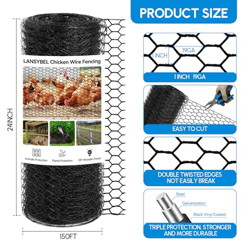 24in x 150ft Chicken Wire, Black Poultry Wire Netting, Hexagonal Galvanized Mesh, Outdoor Anti-Rust Surface Plastic Coating, Garden Fence Animal Barrier for Pet Rabbit Chicken Fencing - size: 24in(H)x150ft(L)