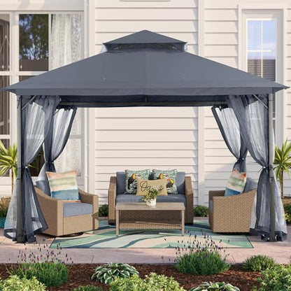 MASTERCANOPY Outdoor Patio Gazebo with Double Roofs, Stable Steel Frame and Mosquito Netting (11x13,Dark Gray) - color: Dark Gray, size: 11x13