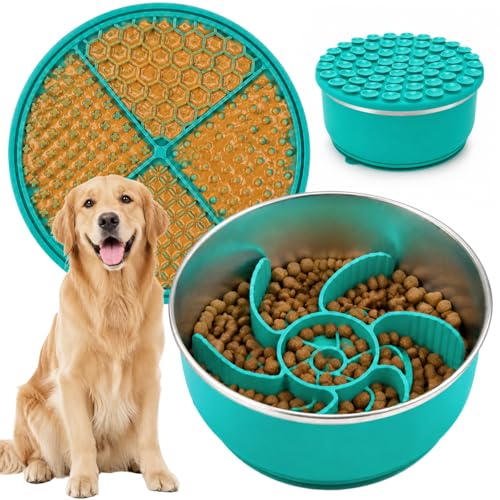 Large Dog Bowl 8 Cups Stainless Steel with Slow Feeder Insert and Lick Mat Storage Lid, 3-in-1 Non-Slip Pet Bowl for Kibble, Wet Food,Travel