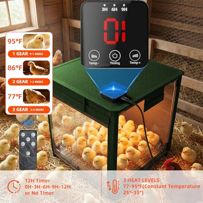 Brooder Box for Chicks, 200W Chick Brooder Constant Radiant Chicken Coop Heater with Removable Feeder or Waterer, Adjustable Temp(77~95℉) & 9H Timer Display Chick Heat Plate for Keeping Poultry Warm - color: Olive green