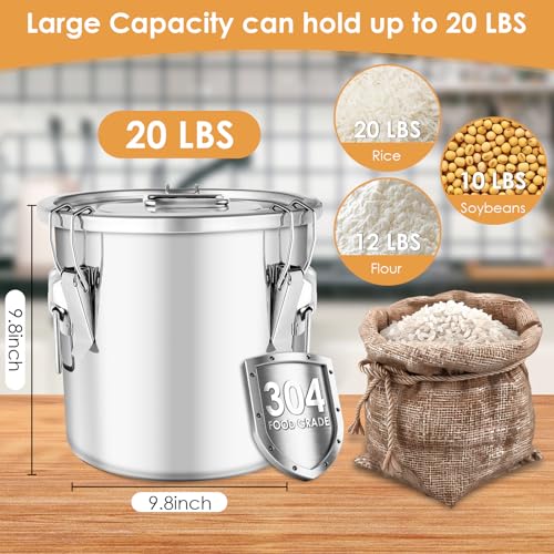 304 Stainless Steel Food Containers with Lids,12L/20LBS Airtight Food Storage Containers with Lock Clips for Flour Rice Sugar Coffee Bean,Stainless Steel Food Storage Containers for Kitchen