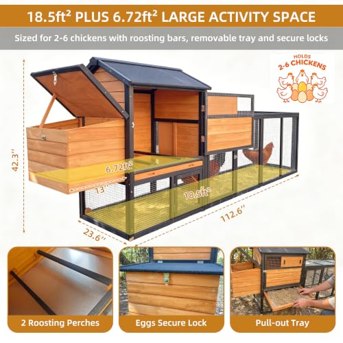 Large Chicken Coop with Run Wooden112.6 Portable Poultry Cage with Hardware Cloth Chicken House for 2-6 Chickens with 2 Nesting Boxes 3 Perches Removable Tray - color: BROWN＆BLACK